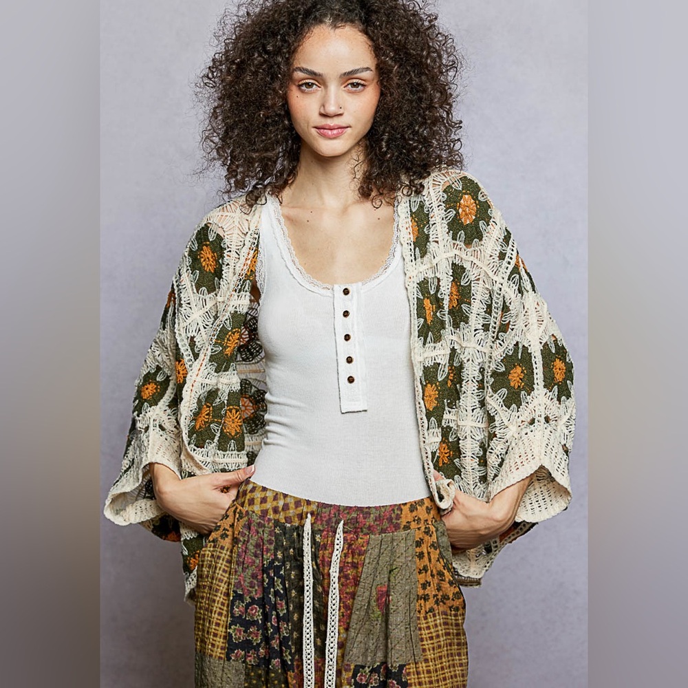 POL Crocheted Open-Front Shrug in Olive, Cream & Mustard